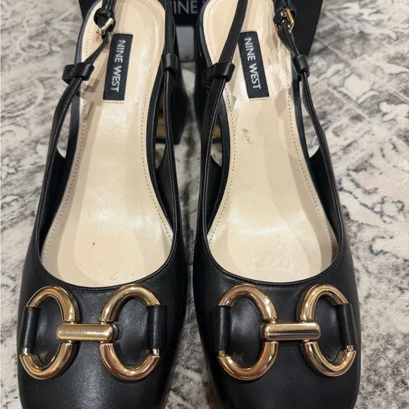Nine West Black Heels with Gold Accents - Picture 2 of 5